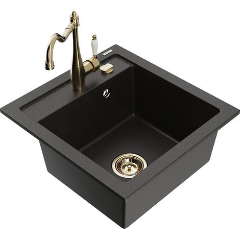 Mexen Vito 1-Becken-Granit-Spüle mit Mischbatterie Carla, Schwarz/Gold metallisch - 6503-75-670700-5
