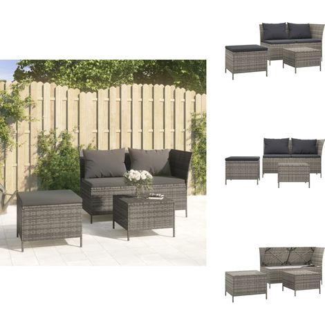3-tlg. Garten-Lounge-Set mit Kissen Grau Poly Rattan - Gartenloungeset - Ecksofa - Outdoor Möbel - Rattan Gartenmöbel - Gartenmöbel Set (1/5)