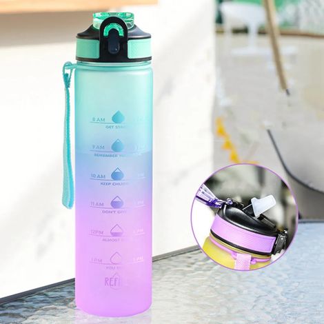 1000-ml-Sportflasche mit Strohhalm und grüner Farbverlaufsanzeige für Getränke und Flüssigkeitszufuhr (1/5)