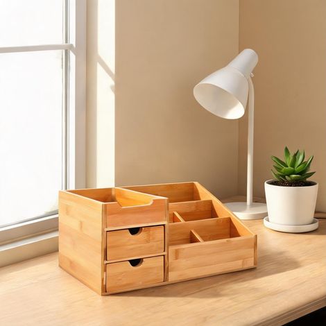 Rangement de bureau en bambou massif verni avec 7 compartiments (1/5)