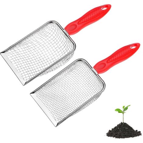 Tamis à terre de jardin METERXITY lot de 2, maille 5/28 mm acier inoxydable, poignée antidérapante, pour sable terre cailloux compost, blanc rouge (1/5)