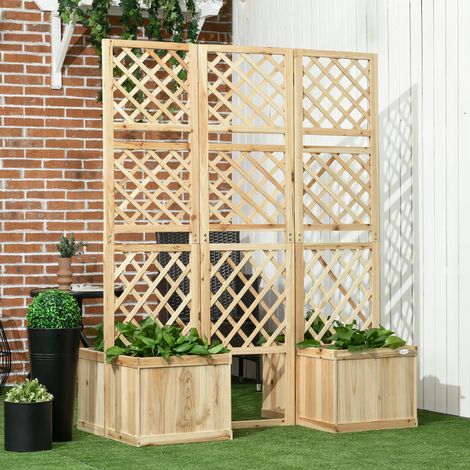 Paravento pieghevole Outsunny, schermo per la privacy da giardino, tripla piegatura, 4 fioriere, legno massello, colore naturale, 133 x 62 x 165 cm (1/5)