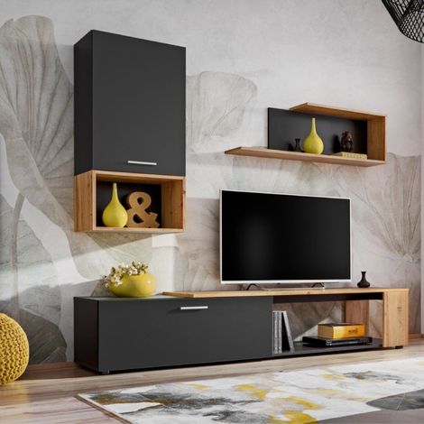 Ensemble Meuble TV Design "Maze II" 200cm Noir & Naturel (1/5)