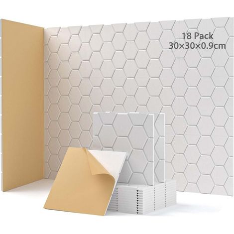Lot de 18 panneaux acoustiques auto adhésifs Absorbeur de bruit 30 x 30 x 0,9 cm Isolation acoustique Pour mur de porte Pour décoration de jeu, bureaux, studios, disques acoustiques Blanc (1/5)