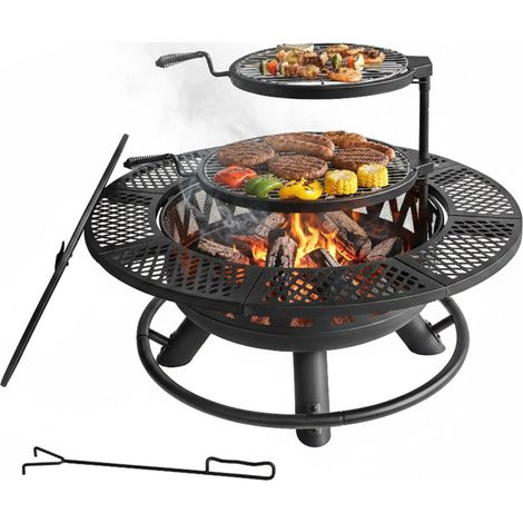 Relaxdays Fire Pit, Ø 92 cm, 2 adjustable grill grates, lid, poker & cover, black (1/5)