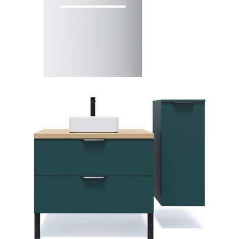 Meuble de salle de bain suspendu vasque à poser 90cm 2 tiroirs Bleu + miroir + colonne ouverture droite - Soho (1/5)