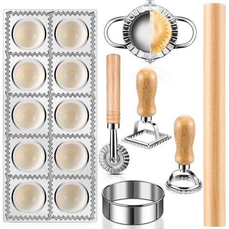 Ensemble de 7 moules à raviolis – Avec roulette de découpe et manche en bois, kit de fabrication de pâtes pour la maison et le restaurant (1/4)