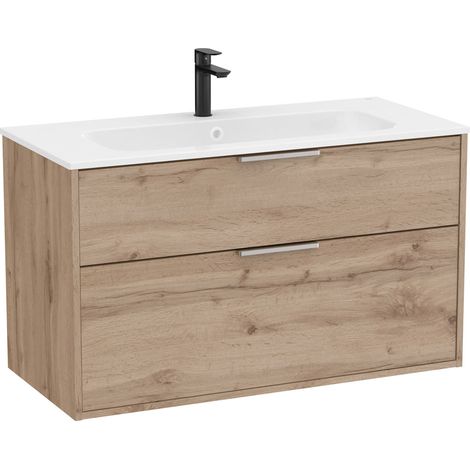 Pack meuble unik "OPTICA" 1000 - 2 tiroirs + lavabo plan en Stonex - Noyer - Roca (1/2)