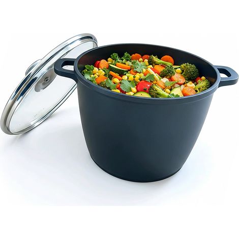 Faitout avec couvercle en verre, antiadhésif, XXL pour induction, 10 L, profond 28 cm, aluminium moulé, noir (1/5)