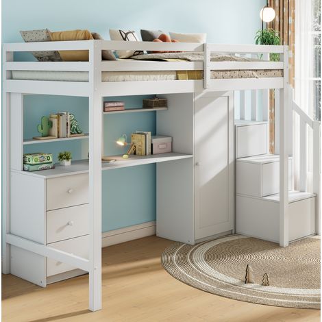 Litera infantil 204x94x165 cm blanca de madera con escritorio, sin colchón - MEUBLIV (1/5)
