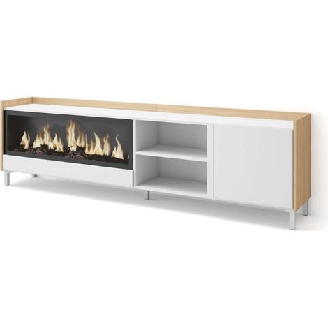 Mueble TV Ojén-01 de 212x61x35 cm con chimenea eléctrica XXL, diseño industrial, color blanco y roble soft (1/4)