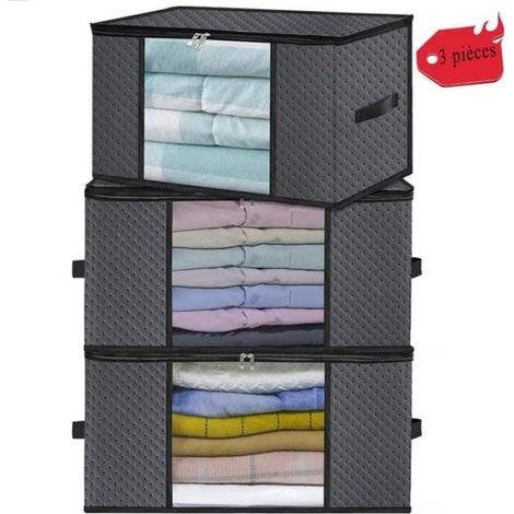Lot de 3 sacs de rangement, boîte de rangement pliable grande capacité 70 L, pour couette, linge de lit, vêtements, oreillers, gris (1/4)