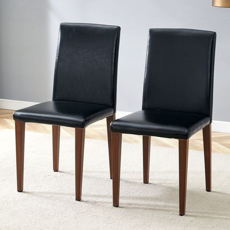 Set di 2 sedie da pranzo in ecopelle e metallo con schienale, stile moderno, nero e noce (1/5)