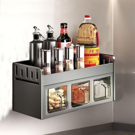 Étagère à épices murale sans perçage avec 3 pots à épices, organisateur d'épices, support mural en métal pour le rangement des épices, des boîtes et des bocaux (1/5)