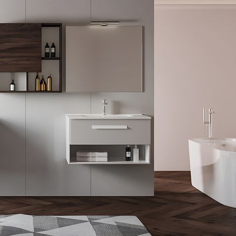 Mobile bagno sospeso 82 cm con lavabo in ceramica AURA2 Bianco Lucido (1/4)