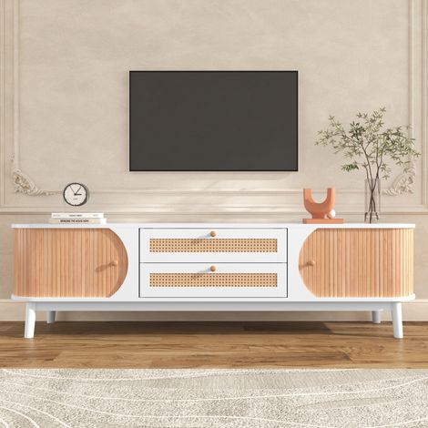 Meuble TV 170x39.5x46cm - Style Naturel & Rustique - Portes Coulissantes et Tiroirs en Cannage Rotin - Blanc et Bois Naturel (1/5)