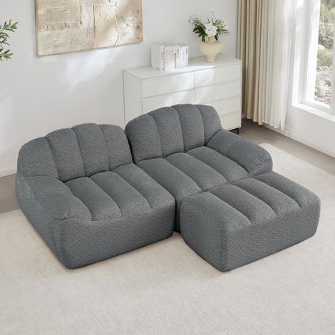 Canapé d'angle modulable 2 places sans structure, forme coquillage, coussins d'assise profonds et 1 pouf inclus, idéal pour le salon, livré monté, gris (1/5)