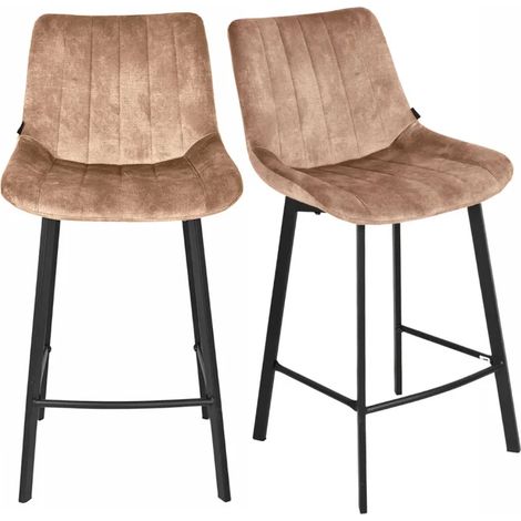 Lot 2 tabourets de bar en velours taupe et pieds métal noir – NANY 2 (1/5)
