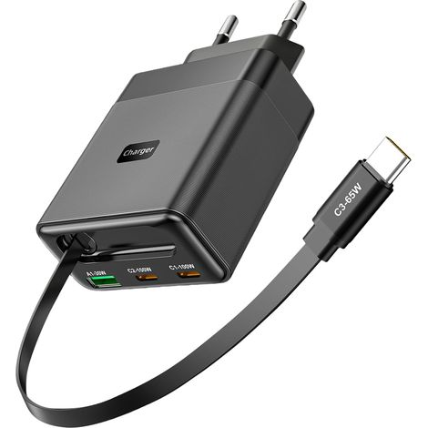 Chargeur USB C 295 W + câble rétractable USB-C de 65 W, chargeur rapide pour ordinateur portable 3 ports, bloc d'alimentation multiple GaN, chargeur PD compatible avec MacBook, iPhone 17/16/15, Galaxy (1/5)