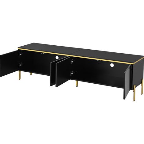 ELVMI Mobile TV con 4 Ante e Passacavi, Finitura Lucida con Dettagli Dorati, per Soggiorno, 170×38×50 cm, Nero (1/5)