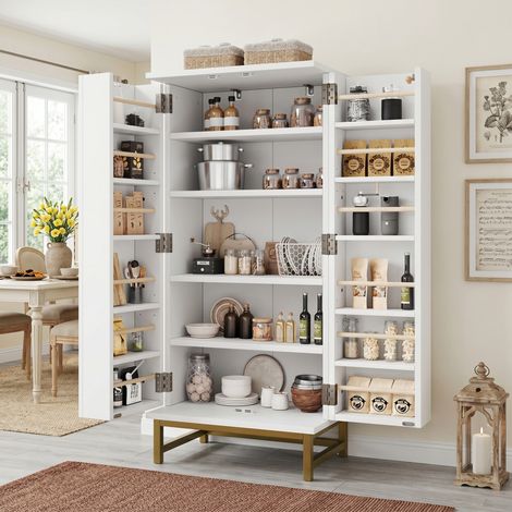 Aparador y bufet de 60x40x130 cm con estantes ajustables, puerta de almacenamiento, color blanco, para cocina y espacios pequeños. (1/5)