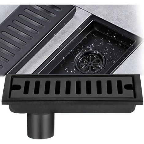 Siphon de sol rectangulaire, siphon de sol en acier inoxydable noir 20x10cm siphon de sol de douche avec double filtre adapté au drainage de la salle de bain des toilettes balcon de la cuisine