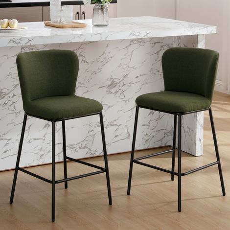 Wahson Set di 2 Sgabelli Cucina Sgabelli in Tessuto di Lino, Seduta Traspirante Imbottita Schienale Confortevole Poggiapiedi Integrato per Isola/ Sala da Pranzo, Verde