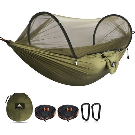 Hamac Camping - 1 Place - Nylon Parachute - Filet Anti Moustiques - Charge 300kg - Vert (1/5)