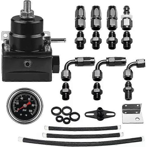 Kit régulateur de pression de carburant réglable, manomètre d'huile 0-100 psi -6AN noir (1/5)