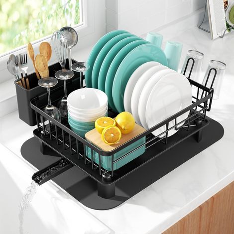 Égouttoir à vaisselle Noir (37,5 x 28 x 14,5 cm), égouttoir en acier inoxydable et plastique avec drainage automatique et séchage rapide pour vaisselle (1/5)