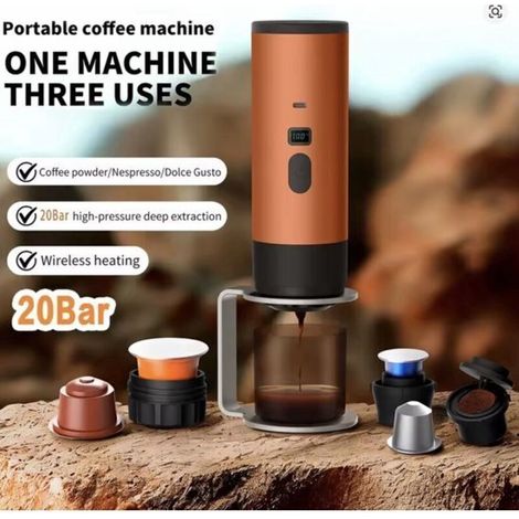 Cafetière portable 3 en 1 avec tasse - 1 tasse - Orange - Rechargeable. idéale pour les voyages - Machine à expresso 12 V pour café en capsules et moulu - Camping. voyages. vacances. bureau. voiture