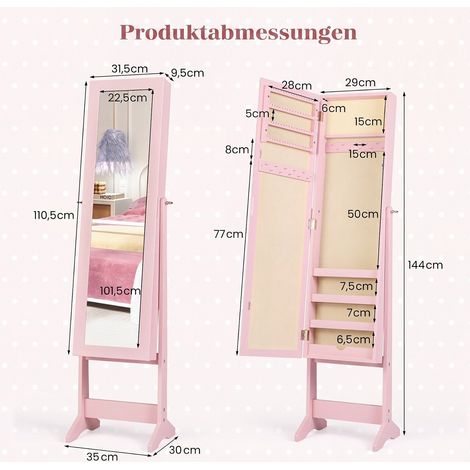 Armoire à bijoux rose sur pied en MDF peint avec miroir pleine longueur et nombreux rangements pour chambre dressing et entrée (1/5)