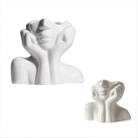 Vase en céramique à visage féminin, vase à fleurs blanc décoratif (1/5)