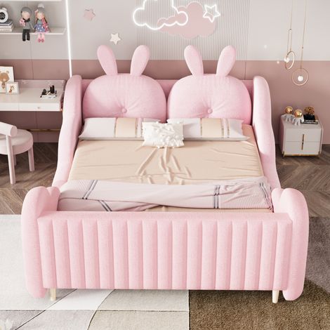 Cama adulto 140x200 cm - Cama doble - Con cabecero con cojín conejo - En Teddy terciopelo - Rosa (1/5)