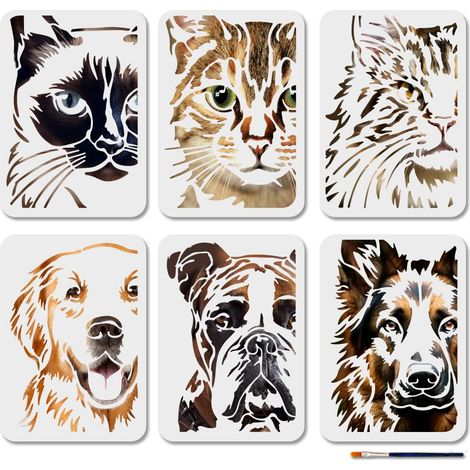 6 pochoir Réutilisable en Forme de Tête de Chien Ou de Chat 21 x 29.7cm Motif Animal Mignon avec Pinceau pour Décoration de Chemise Mur Sol Meubles Bois et Papier (1/5)