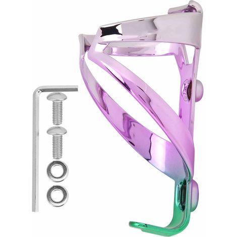 Porte-bidon vélo multicolore, support de bouteille sécurisé, accessoire cyclisme, violet et vert. (1/5)