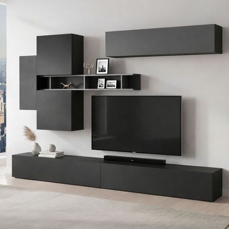Parete Attrezzata Nate, Modulabile, Made in Italy, 30x276x210h cm Grigio Ardesia (1/4)