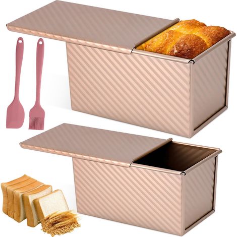 2 Pièces Moule à Pain Mie avec Couvercle Coulissant, Boîte-Toast Plate Anti-Adhésif Rectangulaire, Assiette à Pain Acier Carbone, Outil Cuisson Brioche pour Gâteaux Maison, Sandwichs, Toasts (Or Rose) (1/5)