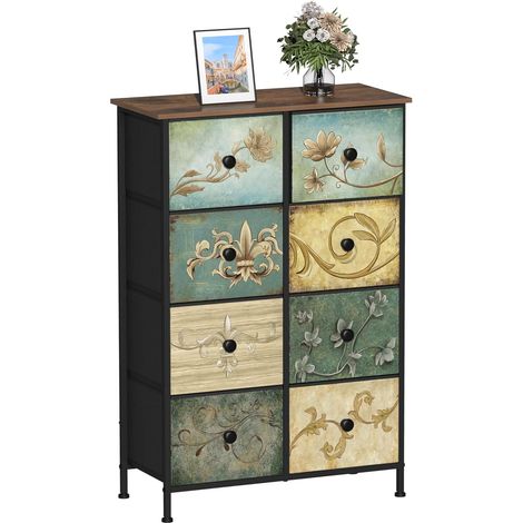 Commode VEDECASA à 8 tiroirs, style bohème, avec plateau en bois, tiroirs en tissu et structure en métal. Idéale pour le salon, la chambre ou l'entrée. (1/5)