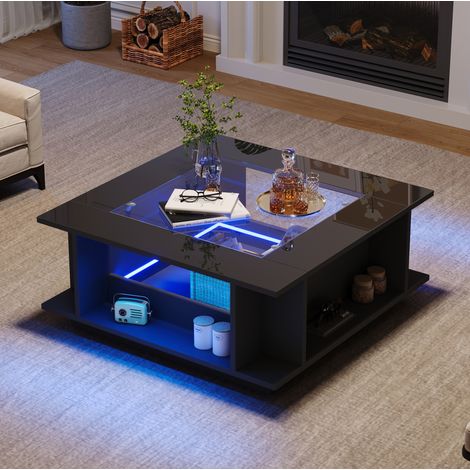 Tavolino da salotto quadrato in truciolare e vetro 70x70x30 cm nero con LED e vano contenitore (1/5)