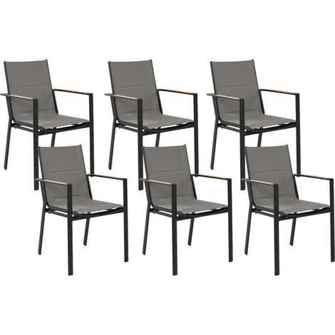 Conjunto de 6 sillas de jardín de metal negro gris madera clara cojines Busseto