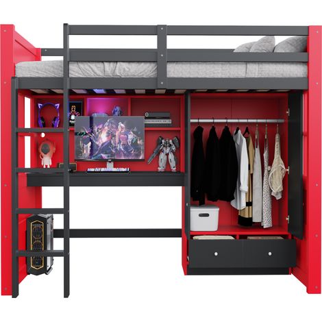 CHICFURN Cama alta 90x200 cm juvenil con escritorio, armario, cajones y escalera, cama individual con LED y enchufes, madera negra y roja para dormitorio (1/5)