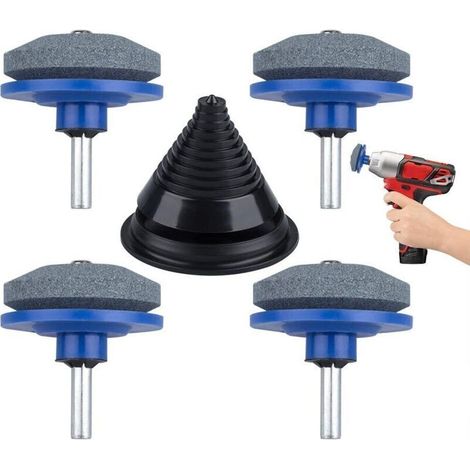 Set mit 4 universellen Rasenmähermesserschärfern für Handbohrmaschinen mit 1 Auswuchtschärfer für Garten, Hof, Küche, blau