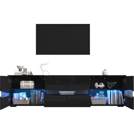 Meuble TV moderne laqué brillant 160 x 39 x 45 cm avec éclairage LED, 2 portes, 1 tiroir et niche ouverte, insert en verre acrylique, ouverture push, adapté aux téléviseurs jusqu’à 70 pouces – noir (1/5)