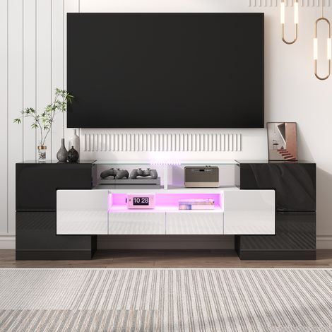 Mobile TV in pannelli di legno bianco lucido e nero 145x30x51 cm con 6 ante, 2 cassetti, 3 vani e LED multicolore (1/5)
