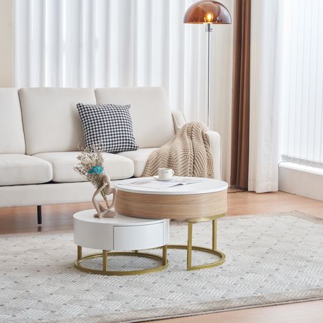 Mesa de centro apilable blanca con dos cajones estructura metálica dorada plegable (1/5)