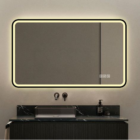 REDOM - Espejo de baño LED - antivaho - 3 colores de luz - intensidad regulable - memoria - aluminio - negro