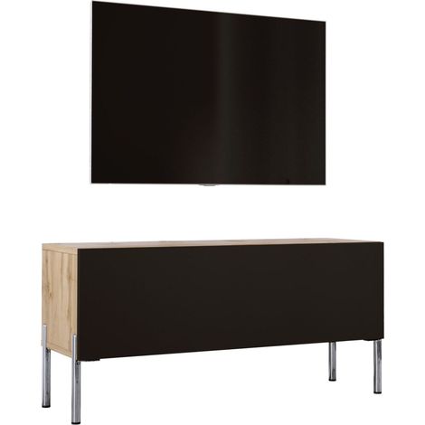 Meuble TV : Chêne Wotan / Noir Mat, pieds En Chrome, 100 × 52 × 32 cm (1/5)