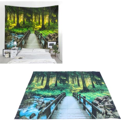 Tapisserie murale en polyester à motif de paysage forestier, 230 x 180 cm, idéale pour la décoration de chambre ou de dortoir. (1/5)