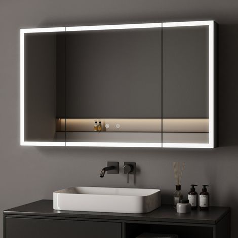100x60 cm 3 Türen Spiegelschrank Bad mit Beleuchtung LED Spiegelschrank mit Beleuchtung Badspiegel Schwarz mit Beleuchtung Badschrank Hängeschränke mit 3 Einstellbare Lichtfarben Beschlagfrei, Schwarz